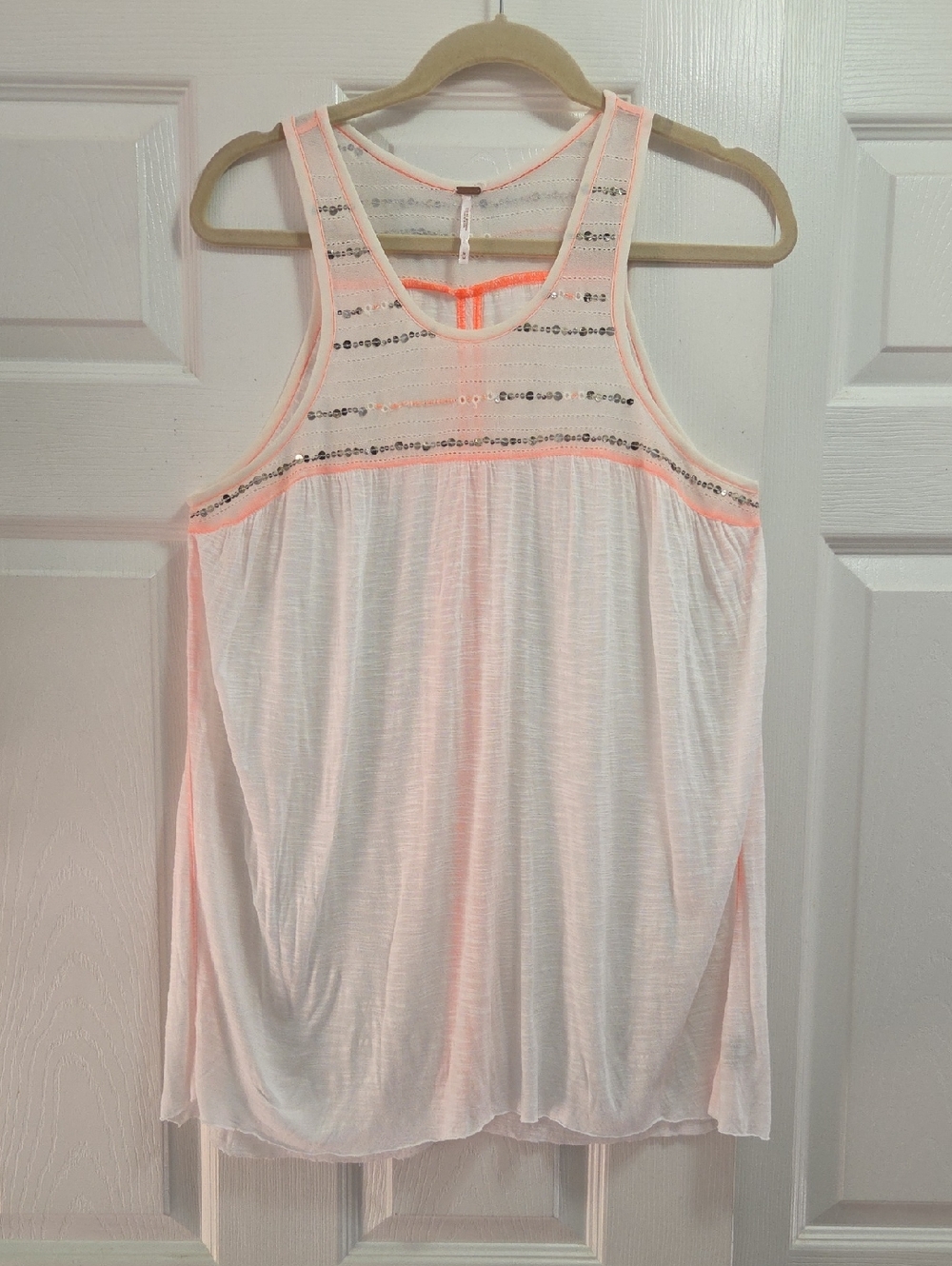 Free People White Tank with Neon Orange Trim and Sequins